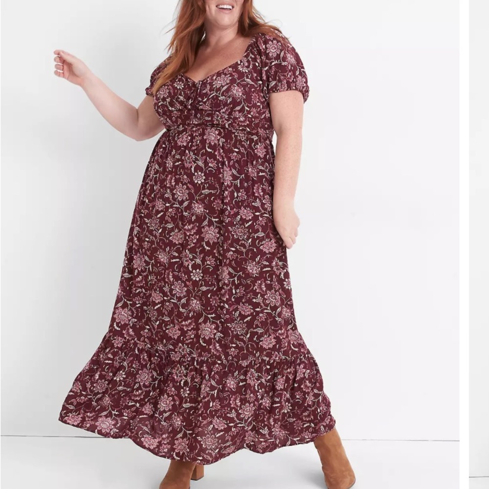 Bubble-Sleeve Tie-Neck Tiered Midi Dress